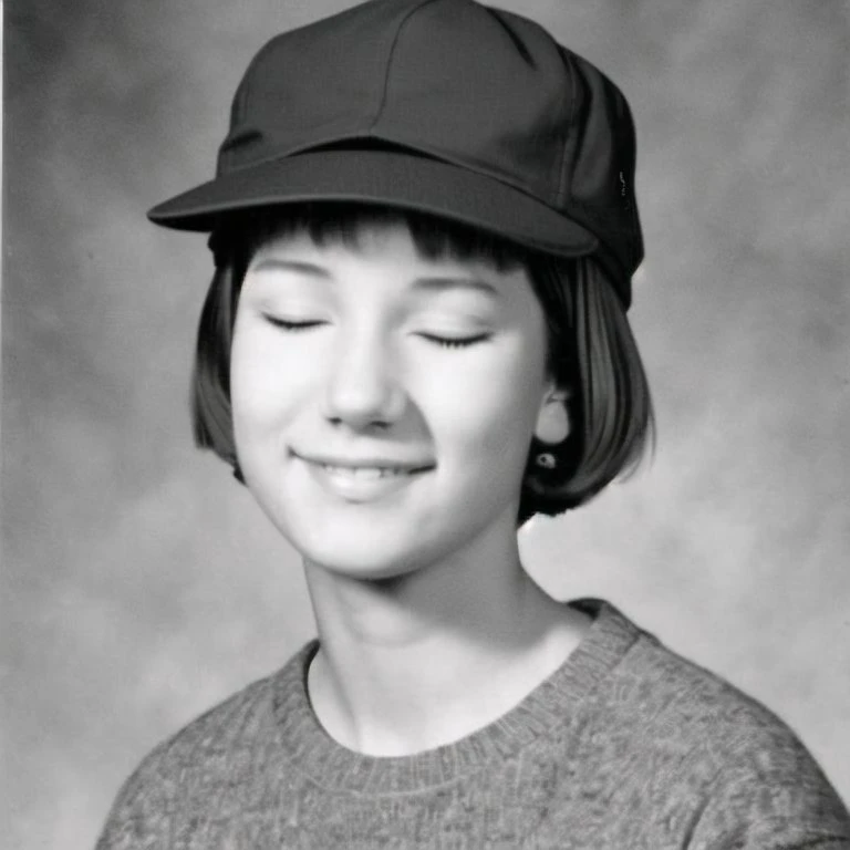 <lora:school_yearbook_photos:1>, school yearbook photos, background, portrait, ^ ^, ^o^, closed eyes, fang, greyscale, hat, highres, monochrome, pom pom \(clothes\), shaded face, short hair, tokin hat