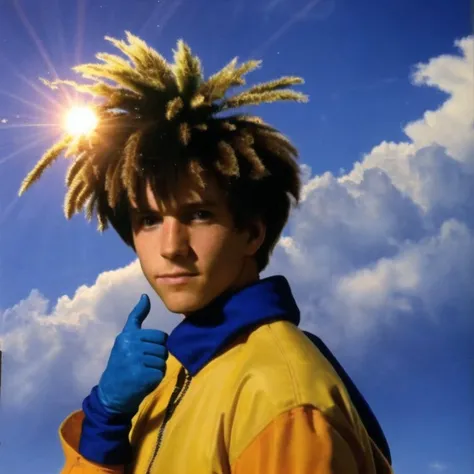 <lora:school_yearbook_photos:1>, school yearbook photos, background, portrait,
<lora:TheNightFeeling2:1.0>, thenightfeeling,a palm tree with the sun shining through the clouds in the background and a blue sky with clouds and sun, 1boy, adjusting clothes, adjusting gloves, blonde hair, fingerless gloves, gloves, jacket, male focus, red eyes, solo, upper body