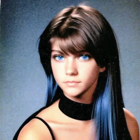 <lora:school_yearbook_photos:1>, school yearbook photos, background, portrait, blue eyes, blue hair, brown hair, dark skin, elbow gloves, gloves, long hair, red eyes