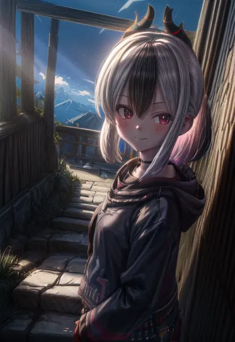 (volumetric lighting, Highres), (Detailed Illustration), Ultra-Detailed, 8k, nsfw, <lyco:kayoko1-000008:1.0>, kayokodef, upper body, smile, blush, outdoors, day, detailed background, blue sky, sky, temple, looking at viewer, stairs, mountain, moody lighting, facing viewer,  <lora:add_detail:1> <lora:hairdetailer:0.8>  <lora:HeavyB:0.8>