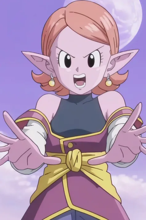 source_anime, score_9, score_8_up, score_7_up, anime screencap,8k, absurdres,
chronoa, 1girl, solo, looking at viewer, open mouth, bare shoulders, potara earrings, pointy ears, black eyes, colored skin, moon, outstretched hand, palms, purple skin, orange hair, yellow sash, white sleeves, v-shaped eyebrows, sleeveless turtleneck leotard, small breasts, Sacred World of the Kai, purple tunic, teeth, kai tunic, off shoulder, eyelashes, detached sleeves, collarbone, blue leotard, blue pants,
<lora:chronoa_pony_v1:0.8>