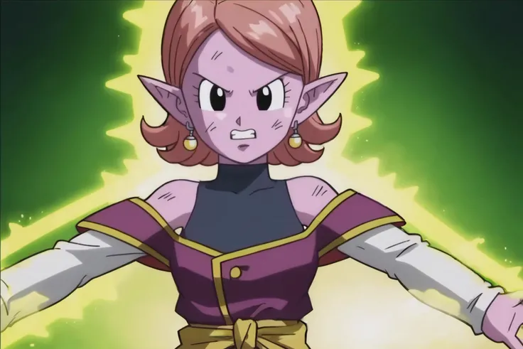 source_anime, score_9, score_8_up, score_7_up, anime screencap,8k, absurdres,
chronoa, 1girl, solo, bare shoulders, potara earrings, upper body, teeth, orange hair, pointy ears, black eyes, colored skin, parody, clenched teeth, magic, outstretched arm, purple skin, glowing, arm by side, white sleeves, sleeveless turtleneck leotard, purple tunic, kai tunic, looking at another, detached sleeves, collarbone, dirty face, dirty, blue leotard, small breasts, off shoulder, official style
<lora:chronoa_pony_v1:0.8>