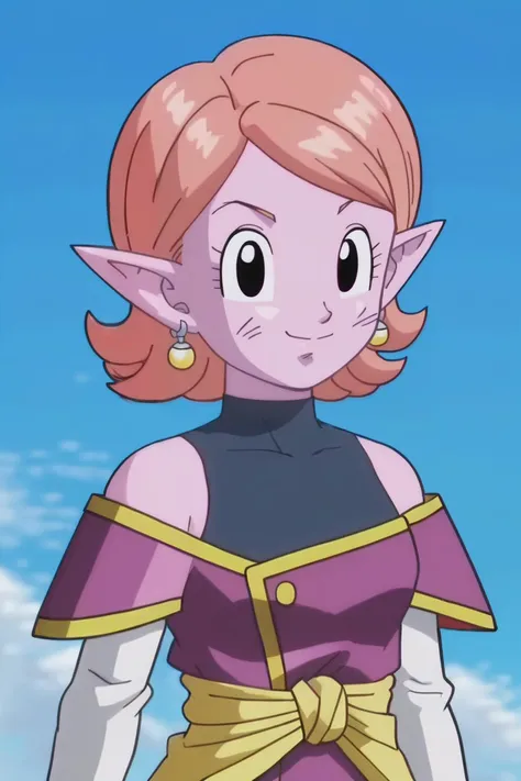 source_anime, score_9, score_8_up, score_7_up, anime screencap,8k, absurdres,
chronoa, 1girl, solo, looking at viewer, smile, short hair, bare shoulders, potara earrings, closed mouth, upper body, orange hair, pointy ears, black eyes, blue sky, colored skin, purple skin, collarbone, dirty face, small breasts, arms by side, eyelashes, detached sleeves, kai tunic, official style, purple tunic, sleeveless turtleneck leotard, white sleeves, yellow sash, off shoulder,
<lora:chronoa_pony_v1:0.8>