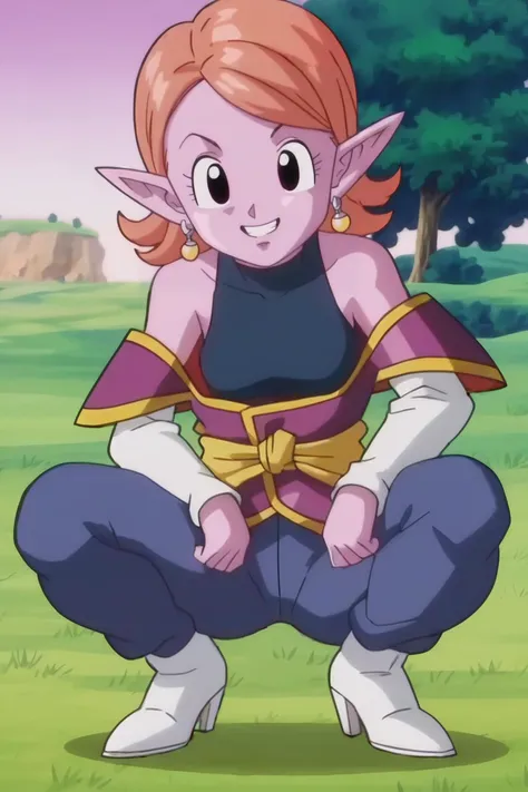 source_anime, score_9, score_8_up, score_7_up, anime screencap,8k, absurdres,
chronoa, potara earrings, orange hair, pointy ears, black eyes, colored skin, purple skin,
bare shoulders, potara earrings, off shoulder, detached sleeves, white sleeves, purple tunic, sleeveless turtleneck leotard, kai tunic, blue pants, high heel boots, white footwear,
squatting, pointing at viewer, grass, tree, smile teeth, from below, official style,
<lora:chronoa_pony_v1:0.8>