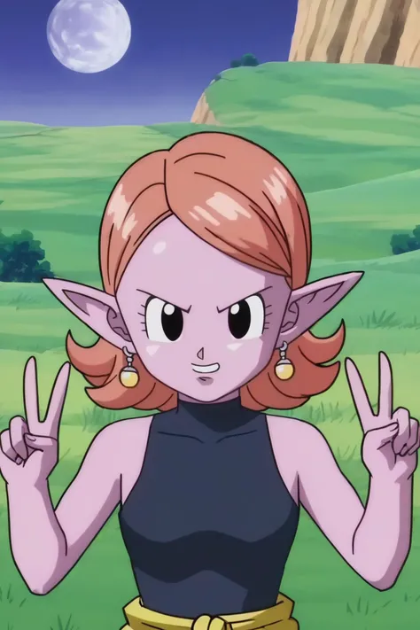 source_anime, score_9, score_8_up, score_7_up, anime screencap,8k, absurdres,
chronoa, potara earrings, orange hair, pointy ears, black eyes, colored skin, purple skin,
potara earrings, bare arms, blue leotard, sleeveless turtleneck leotard, upper body,
double v, moon, grass,
<lora:chronoa_pony_v1:0.8>
