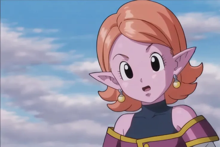source_anime, score_9, score_8_up, score_7_up, anime screencap,8k, absurdres,
chronoa, 1girl, solo, looking at viewer, short hair, open mouth, bare shoulders, potara earrings, upper body, sky, pointy ears, cloud, orange hair, black eyes, colored skin, purple skin, white sleeves, standing, mountain, sleeveless turtleneck leotard, purple tunic, kai tunic, small breasts, raised eyebrows, eyelashes, detached sleeves, collarbone, arms by side, off shoulder, official style
<lora:chronoa_pony_v1:0.8>