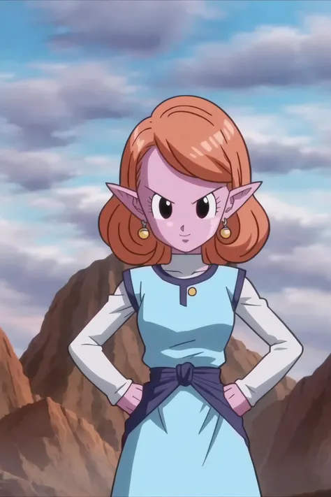 source_anime, score_9, score_8_up, score_7_up, anime screencap,8k, absurdres,
chronoa, 1girl, solo, looking at viewer, potara earrings, sky, pointy ears, cloud, orange hair, black eyes, sash, colored skin, hands on hips, mountain, purple skin, curly hair, blue dress, blue sash, cowboy shot, long sleeves, small breasts, turtleneck, v-shaped eyebrows, white undershirt, official style
<lora:chronoa_pony_v1:0.8>