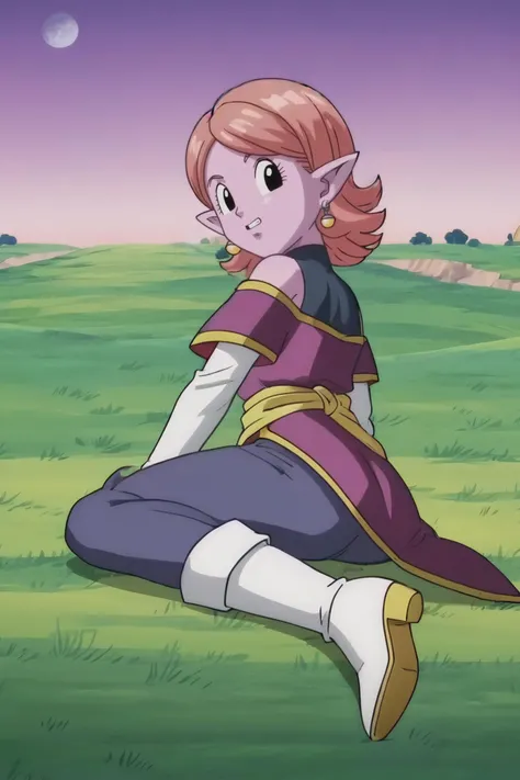 source_anime, score_9, score_8_up, score_7_up, anime screencap,8k, absurdres,
chronoa, potara earrings, orange hair, pointy ears, black eyes, colored skin, purple skin,
bare shoulders, potara earrings, off shoulder, detached sleeves, white sleeves, purple tunic, sleeveless turtleneck leotard, kai tunic, blue pants, high heel boots,
looking back, from behind, tree, grass, official style, sitting, shoe soles,
<lora:chronoa_pony_v1:0.8>