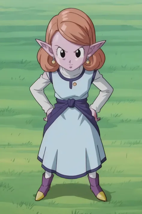 source_anime, score_9, score_8_up, score_7_up, anime screencap,8k, absurdres,
chronoa, potara earrings, orange hair, pointy ears, black eyes, colored skin, purple skin,
curly hair, turtleneck, white undershirt, long sleeves, blue dress, blue sash, white pants, purple boots,
from above, grass, official style,
<lora:chronoa_pony_v1:0.8>