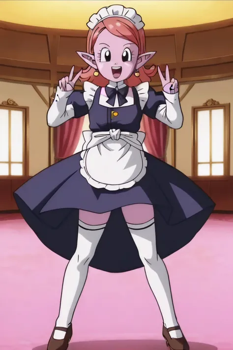 source_anime, score_9, score_8_up, score_7_up, anime screencap,8k, absurdres,
chronoa, 1girl, solo, bare shoulders, potara earrings, orange hair, pointy ears, black eyes, colored skin, purple skin, official style,
maid headdress, maid, thighhighs, double v, happy, indoors, mansion,
<lora:chronoa_pony_v1:0.8>