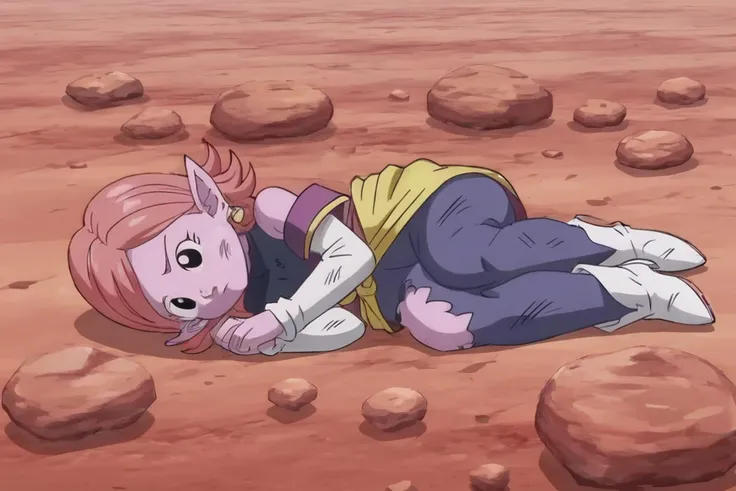 source_anime, score_9, score_8_up, score_7_up, anime screencap,8k, absurdres,
chronoa, 1girl, solo, short hair, potara earrings, full body, lying, orange hair, pointy ears, blue pants, black eyes, colored skin, on side, purple skin, dirty, defeat, one eye half-closed, tired, yellow sash, white sleeves, sleeveless turtleneck leotard, purple tunic, rock, off shoulder, kai tunic, hand on floor, eyelashes, blue leotard, high heel boots, dirty face, white footwear, official style, torn clothes,
<lora:chronoa_pony_v1:0.8>