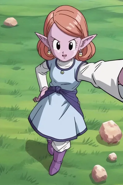 source_anime, score_9, score_8_up, score_7_up, anime screencap,8k, absurdres,
selfie, from above,
chronoa, 1girl, solo, open mouth, potara earrings, white footwear, pointy ears, orange hair, black eyes, colored skin, moon, grass, rock, white pants, white undershirt, purple footwear, boots, small breasts, shoe soles, turtleneck, Sacred World of the Kai, eyelashes, blue dress, blue sash, curly hair, high heel boots, official style
<lora:chronoa_pony_v1:0.8>