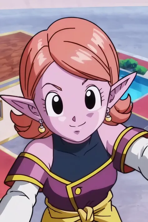 source_anime, score_9, score_8_up, score_7_up, anime screencap,8k, absurdres,
selfie, conton city,
chronoa, 1girl, solo, looking at viewer, smile, short hair, bare shoulders, potara earrings, closed mouth, upper body, orange hair, pointy ears, black eyes, city, colored skin, purple skin, collarbone, from above, small breasts, arm by side, eyelashes, detached sleeves, kai tunic, official style, purple tunic, sleeveless turtleneck leotard, white sleeves, yellow sash, off shoulder,
<lora:chronoa_pony_v1:0.8>