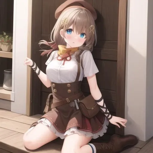 (masterpiece, best quality:1.2),illustration,8k,hd,1girl,solo,cowboy shot,medium breasts,braid,hat,boots,pouch,beret,long hair,blue eyes,hair ornament,skirt,belt pouch,single braid,brown footwear,brown hair,brown skirt,layered skirt,brown headwear,suspender skirt,x hair ornament,shirt,blush,cross-laced footwear,hair ribbon,bangs,short sleeves,frilled skirt,white shirt,belt,lace-up boots,ribbon,arm warmers,<lora:Fnc>,