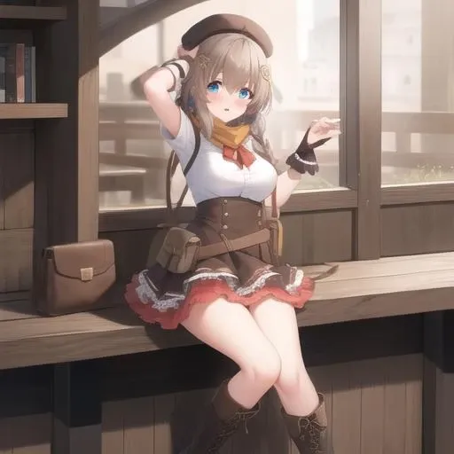 (masterpiece, best quality:1.2),illustration,8k,hd,1girl,solo,cowboy shot,medium breasts,braid,hat,boots,pouch,beret,long hair,blue eyes,hair ornament,skirt,belt pouch,single braid,brown footwear,brown hair,brown skirt,layered skirt,brown headwear,suspender skirt,x hair ornament,shirt,blush,cross-laced footwear,hair ribbon,bangs,short sleeves,frilled skirt,white shirt,belt,lace-up boots,ribbon,arm warmers,<lora:Fnc>,