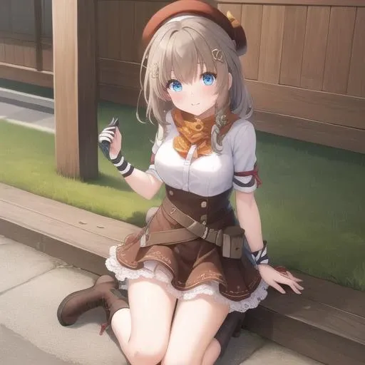 (masterpiece, best quality:1.2),illustration,8k,hd,1girl,solo,cowboy shot,medium breasts,braid,hat,boots,pouch,beret,long hair,blue eyes,hair ornament,skirt,belt pouch,single braid,brown footwear,brown hair,brown skirt,layered skirt,brown headwear,suspender skirt,x hair ornament,shirt,blush,cross-laced footwear,hair ribbon,bangs,short sleeves,frilled skirt,white shirt,belt,lace-up boots,ribbon,arm warmers,<lora:Fnc>,