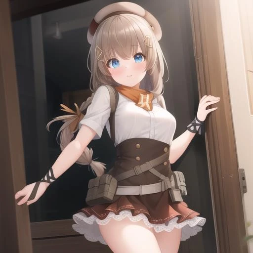 (masterpiece, best quality:1.2),illustration,8k,hd,1girl,solo,cowboy shot,medium breasts,braid,fnc (girls frontline),hat,boots,pouch,beret,long hair,blue eyes,hair ornament,skirt,belt pouch,single braid,brown footwear,brown hair,brown skirt,layered skirt,brown headwear,suspender skirt,x hair ornament,shirt,blush,cross-laced footwear,hair ribbon,bangs,short sleeves,frilled skirt,white shirt,belt,lace-up boots,ribbon,arm warmers,<lora:Fnc>,