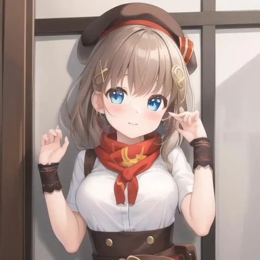 (masterpiece, best quality:1.2),illustration,8k,hd,1girl,solo,upper body,(portrait:1.2),medium breasts,braid,hat,boots,pouch,beret,long hair,blue eyes,hair ornament,skirt,belt pouch,single braid,brown footwear,brown hair,brown skirt,layered skirt,brown headwear,suspender skirt,x hair ornament,shirt,blush,cross-laced footwear,hair ribbon,bangs,short sleeves,frilled skirt,white shirt,belt,lace-up boots,ribbon,arm warmers,<lora:Fnc>,
