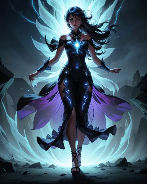 Close-Up Shot of woman wearing luc3nt glowing Flowy maxi dress in a bold color with a statement necklace and strappy sandals. Superhero Sci-Fi Comic Style, <lora:Gloomifier_V2_TheGlow:1.1> <lora:actionshot:0.7> action shot <lora:AdvancedEnhancer:0.7> <lora:Outfit_LucentDream:0.77> cold lighting