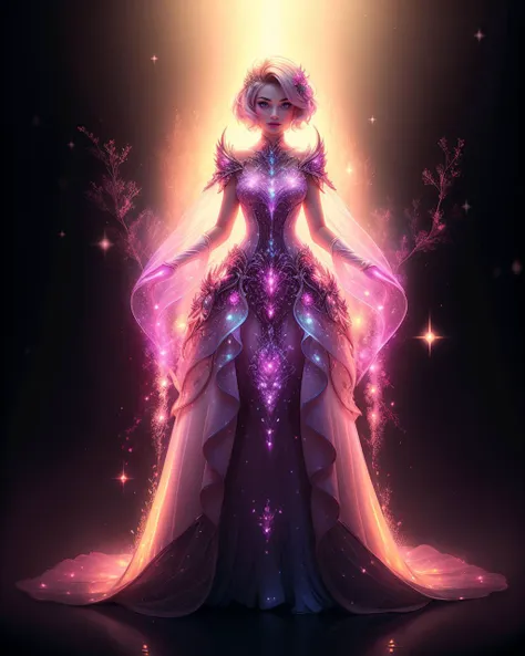 cinematic film still 1girl, solo, beautiful adult woman, (Pulsating Pulsating Magenta) age 30, looking at viewer, (luminescent, luc3nt, glowing), sparkles:1.2  standing, high detail, best quality, high quality, dress, <lora:LucentDream-40:0.8>, full body, front,  . shallow depth of field, vignette, highly detailed, high budget, bokeh, cinemascope, moody, epic, gorgeous, film grain, grainy