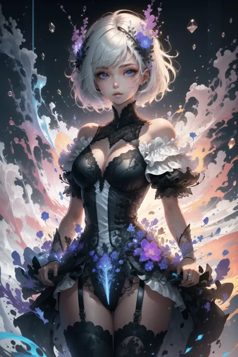 1girl, white hair, short hair, garter, garter straps, dress, glowing, glow, 
<lora:Outfit_LucentDream:0.8> <lora:Unleashed_V2:0.8> luc3nt, luminescent glowing