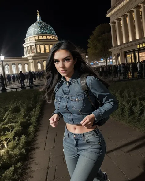 Fast Motion of c1rce_n0texist wearing Cargo pants, a cropped tank top, and an oversized denim jacket., <lora:Gloomifier_V2_TheGlow:1.1> <lora:actionshot:0.7> action shot <lora:AdvancedEnhancer:0.7> <lora:Outfit_LucentDream:0.77> luc3nt, cold lighting, glowing, bioluminescence