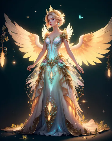 cinematic film still 1girl, solo, adult woman, beautiful age 30, (Incandescent Ivory Gleam) action shot, wearing luc3nt luminescent glowing dress, sparkles, plants birds, wings, best quality, high detail, high quality, <lora:LucentDream-40:0.7> full body   <lora:Tweak_Detail25:0.5>  . shallow depth of field, vignette, highly detailed, high budget, bokeh, cinemascope, moody, epic, gorgeous, film grain, grainy