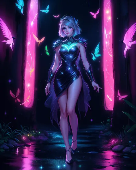 Neon noir 1girl, solo, adult woman, beautiful age 30, (Majestic Royal Blue), looking at viewer, (poise), wearing luc3nt luminescent glowing dress, sparkles, plants birds,best quality, high detail, high quality, <lora:LucentDream-40:0.1> full body   <lora:Tweak_Detail25:0.5>  . Cyberpunk, dark, rainy streets, neon signs, high contrast, low light, vibrant, highly detailed