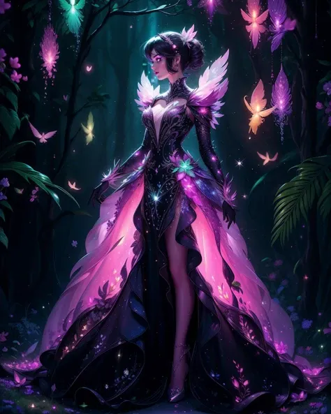 Neon noir 1girl, solo, adult woman, beautiful age 30, (Malevolent Dark Crimson), looking at viewer, profile, wearing luc3nt luminescent glowing dress, sparkles, plants birds,best quality, high detail, high quality, <lora:LucentDream-40:0.7> full body   <lora:Tweak_Detail25:0.5>  . Cyberpunk, dark, rainy streets, neon signs, high contrast, low light, vibrant, highly detailed