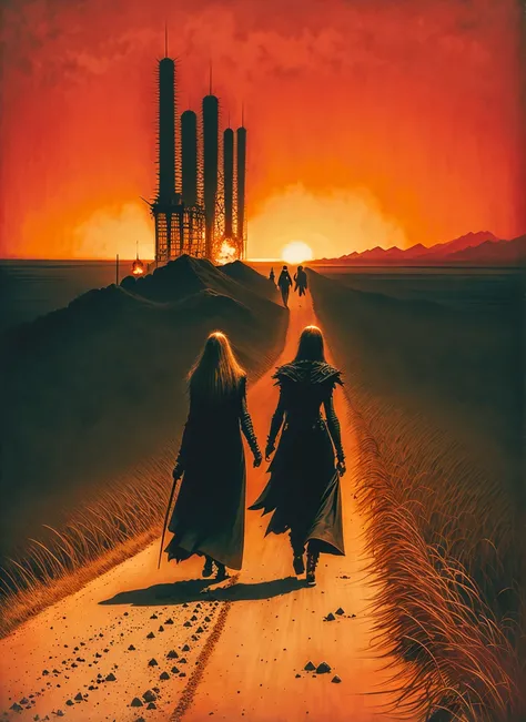 a couple of people that are walking in the dirt, heavy metal comic cover art, dark industrial background, demon, flaming grim reaper, burning red desert horizon, two heads, skeleton king, fractalpunk, travellers <lora:MoosMST3:1>
