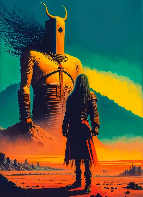 a painting of a man standing in front of a demon, the king in the desert, infernal relics, album cover design, full image, colossal, demon, horned <lora:MoosMST2:1>