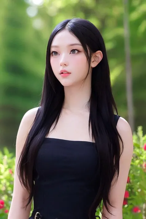 best quality, masterpiece, (photorealistic:1.4), Close up, 1 girl, upper body, Black Dress, Corset, long hair, cute, flowers around, forest background, sweet girl, IDOL, -- Face Details:1.7 -- <lora:HN:0.84>