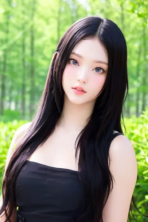 best quality, masterpiece, (photorealistic:1.4), Close up, 1 girl, upper body, Black Dress, Corset, long hair, cute, flowers around, forest background, sweet girl, IDOL, -- Face Details:1.7 -- <lora:HN:0.84>