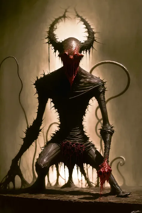 a drawing of a monster with tentacles coming out of it's mouth, demon, humanoids overgrown with tentacles, six from little nightmares, stigmata, face shown, official art, necrosis, <lora:MoosMST3:1>