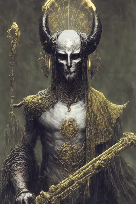 a demon holding a staff, with black horns instead of ears, vibrant palette, twisted god with no face, apokalyptic, rivers of blood, with horns, radiant halo <lora:MoosMST1:1> <lora:add_detail:0.8>