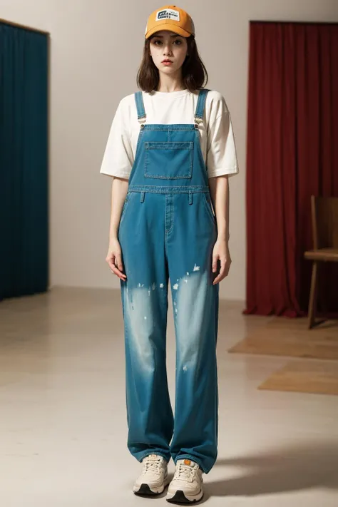 best quality, masterpiece, (photorealistic:1.2). 35mm photograph, professional, 4k, highly detailed
hezi, (photostudio:1.2),(Studio shoot:1.3)overalls/,jumpsuit allieb, in the style of light beige and orange, environmental activism, hallyu, coastal scenery, womancore, thick paint, bold outline,overalls, realistic, hat, brown hair, sneakers, baseball cap, hands in pockets, shoes, white background,precise detailing, vibrant color blocks, washed-out, hallyu, iconi,