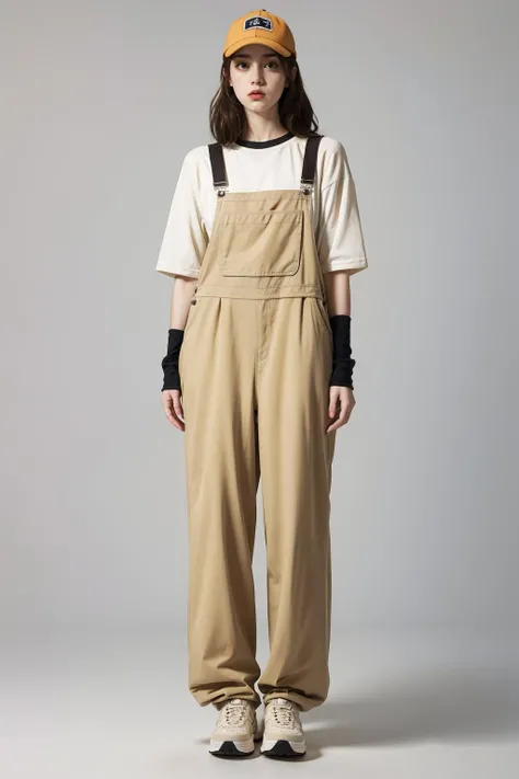 best quality, masterpiece, (photorealistic:1.2). 35mm photograph, professional, 4k, highly detailed
hezi, (photostudio:1.2),(Studio shoot:1.3)overalls/,jumpsuit allieb, in the style of light beige and orange, environmental activism, hallyu, coastal scenery, womancore, thick paint, bold outline,overalls, realistic, hat, brown hair, sneakers, baseball cap, hands in pockets, shoes, white background,precise detailing, vibrant color blocks, washed-out, hallyu, iconi,