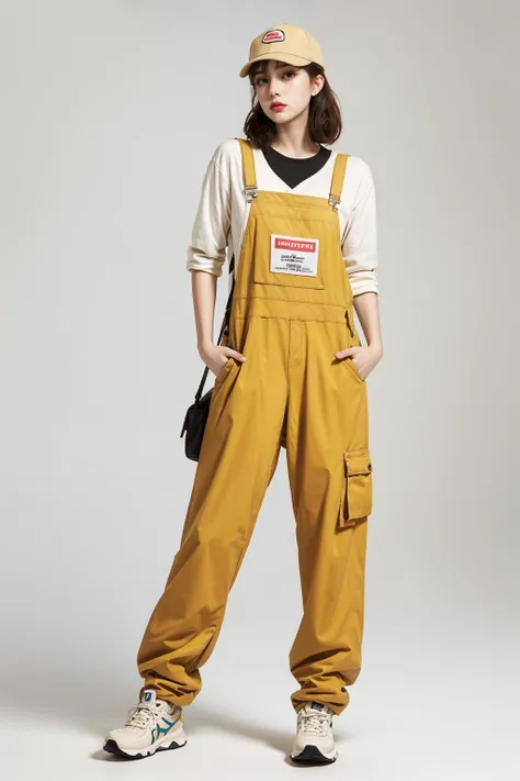 best quality, masterpiece, (photorealistic:1.2). 35mm photograph, professional, 4k, highly detailed
hezi, (photostudio:1.2),(Studio shoot:1.3)overalls/,jumpsuit allieb, in the style of light beige and orange, environmental activism, hallyu, coastal scenery, womancore, thick paint, bold outline,overalls, realistic, hat, brown hair, sneakers, baseball cap, hands in pockets, shoes, white background,precise detailing, vibrant color blocks, washed-out, hallyu, iconi,