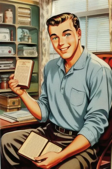 <lora:envybetterhandsLocon_alpha3:1>, <lora:AdAmericana:1>, Ad Americana Style, vintage painted advertisement, retro 1950's style <lora:bob_dobbs-n47-v1:0.6>, bob_dobbs, a cheerful man holding a holy book
