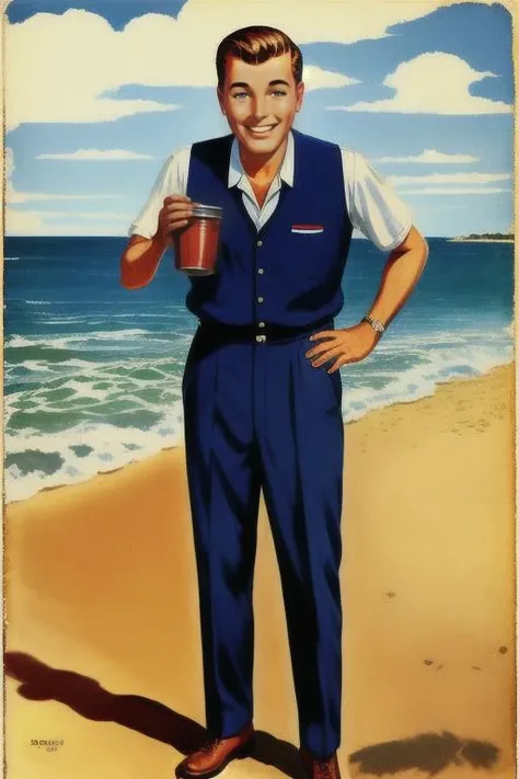 <lora:envybetterhandsLocon_alpha3:1>, <lora:AdAmericana:0.8>, Ad Americana Style, vintage painted advertisement,<lora:bob_dobbs-n47-v1:0.5>, bob_dobbs, a cheerful man at the beach