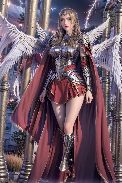 (RAW photo:1.2),(sky, flying,white Wings of Angels :1.5),(hair_ornament,hairclip,jewelry),(arms behind back:1.4),(lightning,electricity),
(necklace),(earrings),(Perfect body:1.1),detailed clothing texture,(crown:1.5),
Milk-like skin,(ultra high res,realistic, photo-realistic:1.3),(armor,skirt,red cape:1.3),
masterpiece,an extremely delicate and beautiful,CG,unity,mature female,
finely detail,extremely detailed CG unity 8k wallpaper,huge filesize,(1girl),(solo),(looking at viewer:1.5),
(full body:1.1),
<lora:tianshi:0.5> <lora:yan:1>