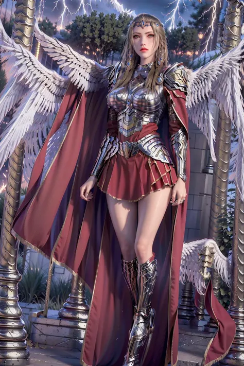 (RAW photo:1.2),(sky, flying,white Wings of Angels :1.5),(hair_ornament,hairclip,jewelry),(arms behind back:1.4),(lightning,electricity),
(necklace),(earrings),(Perfect body:1.1),detailed clothing texture,(crown:1.5),
Milk-like skin,(ultra high res,realistic, photo-realistic:1.3),(armor,skirt,red cape:1.3),
masterpiece,an extremely delicate and beautiful,CG,unity,mature female,
finely detail,extremely detailed CG unity 8k wallpaper,huge filesize,(1girl),(solo),(looking at viewer:1.5),
(full body:1.1),
<lora:tianshi:0.5> <lora:yan:1>