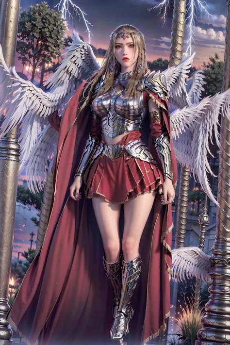 (RAW photo:1.2),(sky, flying,white Wings of Angels :1.5),(hair_ornament,hairclip,jewelry),(arms behind back:1.4),(lightning,electricity),
(necklace),(earrings),(Perfect body:1.1),detailed clothing texture,(crown:1.5),
Milk-like skin,(ultra high res,realistic, photo-realistic:1.3),(armor,skirt,red cape:1.3),
masterpiece,an extremely delicate and beautiful,CG,unity,mature female,
finely detail,extremely detailed CG unity 8k wallpaper,huge filesize,(1girl),(solo),(looking at viewer:1.5),
(full body:1.1),
<lora:tianshi:0.5> <lora:yan:1>