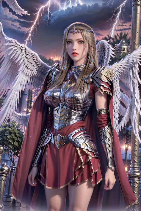 (RAW photo:1.2),(sky, flying,white Wings of Angels :1.5),(hair_ornament,hairclip,jewelry),(arms behind back:1.4),(lightning,electricity),
(necklace),(earrings),(Perfect body:1.1),detailed clothing texture,(crown:1.5),
Milk-like skin,(ultra high res,realistic, photo-realistic:1.3),(armor,skirt,red cape:1.3),
masterpiece,an extremely delicate and beautiful,CG,unity,mature female,
finely detail,extremely detailed CG unity 8k wallpaper,huge filesize,(1girl),(solo),(looking at viewer:1.5),
(full body:1.1),
<lora:tianshi:0.5> <lora:yan:1>
