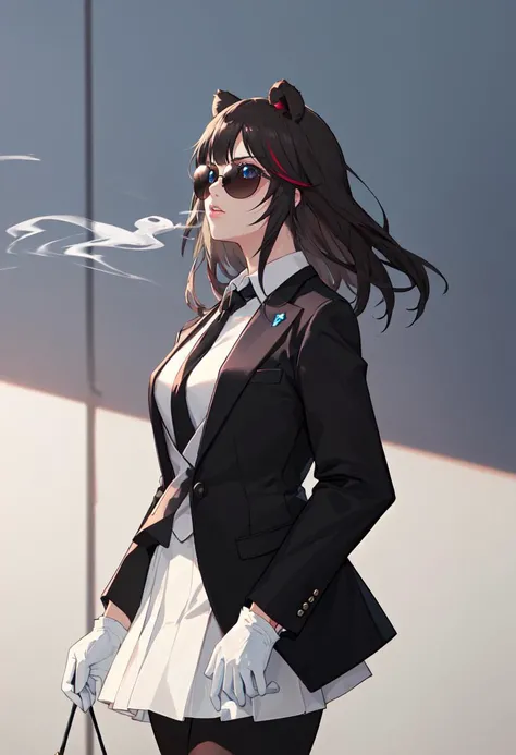 best quality, masterpiece, highres, solo, (zima_arknights:1.10), (black business suit:1.40), (tie:1.20), (sunglasses:1.25), (white gloves:1.15), (white shirt:1.10), (black skirt:1.15), (smoking:1.20), handsome, 25 <lora:zima_arknights:0.80>