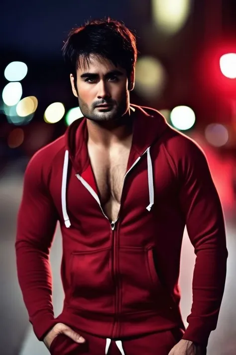 chace crawford a man <lora:Vivian-Dsena_Chace-Crawford-000001:1>, realistic photo in a worn ((skin-revealing skimpy erotic red tracksuit, massive hairy pecs)), big pecs, big arms, bulge, VPL, ((light bokeh)), intricate, (steel metal [rust]), elegant, erotic, exuding sexual energy, homoerotic, sharp focus, photo by greg rutkowski, soft lighting, vibrant colors, (masterpiece), ((streets)), (detailed face), looking at viewer, light smile, night, walking towards viewer, cinematic lighting, beautiful lighting, cinematic lighting, (hazy filter, film grain:1.2)