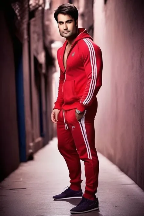 chace crawford a man <lora:Vivian-Dsena_Chace-Crawford-000001:1>, realistic photo in a worn ((skin-revealing skimpy erotic red tracksuit, massive hairy pecs)), big pecs, big arms, bulge, VPL, ((light bokeh)), intricate, (steel metal [rust]), elegant, erotic, exuding sexual energy, homoerotic, sharp focus, photo by greg rutkowski, soft lighting, vibrant colors, (masterpiece), ((streets)), (detailed face), looking at viewer, light smile, night, walking towards viewer, cinematic lighting, beautiful lighting, cinematic lighting, (hazy filter, film grain:1.2)
