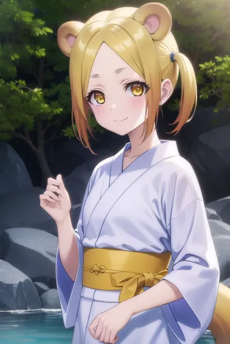 koyuzushigaraki, <lora:koyuzu shigaraki s1-lora-nochekaiser:1>,
koyuzu shigaraki, short hair, blonde hair, animal ears, twintails, (yellow eyes:1.3), smile,
BREAK tail, japanese clothes, kimono, sash, obi, orange kimono,
BREAK outdoors, hot spring, onsen,
BREAK looking at viewer, (cowboy shot:1.5),
BREAK <lyco:GoodHands-beta2:1>, (masterpiece:1.2), best quality, high resolution, unity 8k wallpaper, (illustration:0.8), (beautiful detailed eyes:1.6), extremely detailed face, perfect lighting, extremely detailed CG, (perfect hands, perfect anatomy),