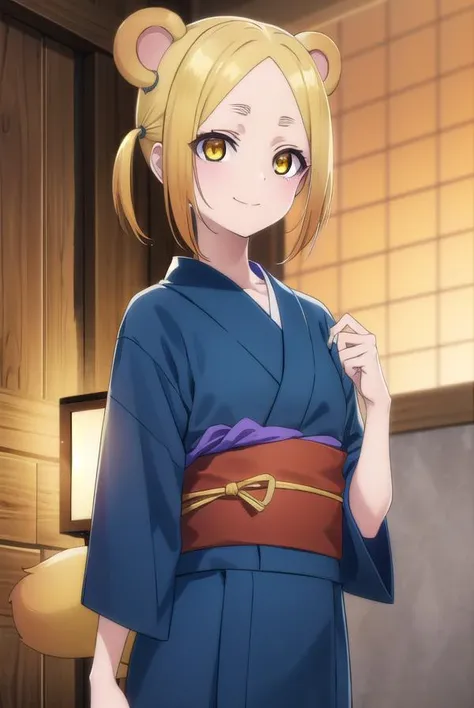 koyuzushigaraki, <lora:koyuzu shigaraki s1-lora-nochekaiser:1>,
koyuzu shigaraki, short hair, blonde hair, animal ears, twintails, (yellow eyes:1.3), smile,
BREAK tail, japanese clothes, kimono, sash, obi, orange kimono,
BREAK outdoors, hot spring, onsen,
BREAK looking at viewer, (cowboy shot:1.5),
BREAK <lyco:GoodHands-beta2:1>, (masterpiece:1.2), best quality, high resolution, unity 8k wallpaper, (illustration:0.8), (beautiful detailed eyes:1.6), extremely detailed face, perfect lighting, extremely detailed CG, (perfect hands, perfect anatomy),