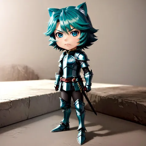 masterpiece, best quality, high resolution, solo, anime, (chibi:1.5), 3d, octane render, unreal engine, (1boy), ancient warrior, absurdres, BREAK,
beautiful face, glowing teal eyes, beautiful and detailed eyes, teal hair, ((disdain expression)), BREAK,
(big head:1.5), short, (cat ears), cat tail, small legs, wide stance, flat chest, BREAK,
teal gauntlets, armor boots, armor legs, (ornate teal armor), swinging sword, blue magic
